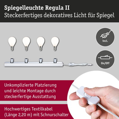 Spiegelleuchte Regula II mit vier weißen Glühbirnen und chromfarbenem Metallgehäuse, Textilkabel mit Schalter