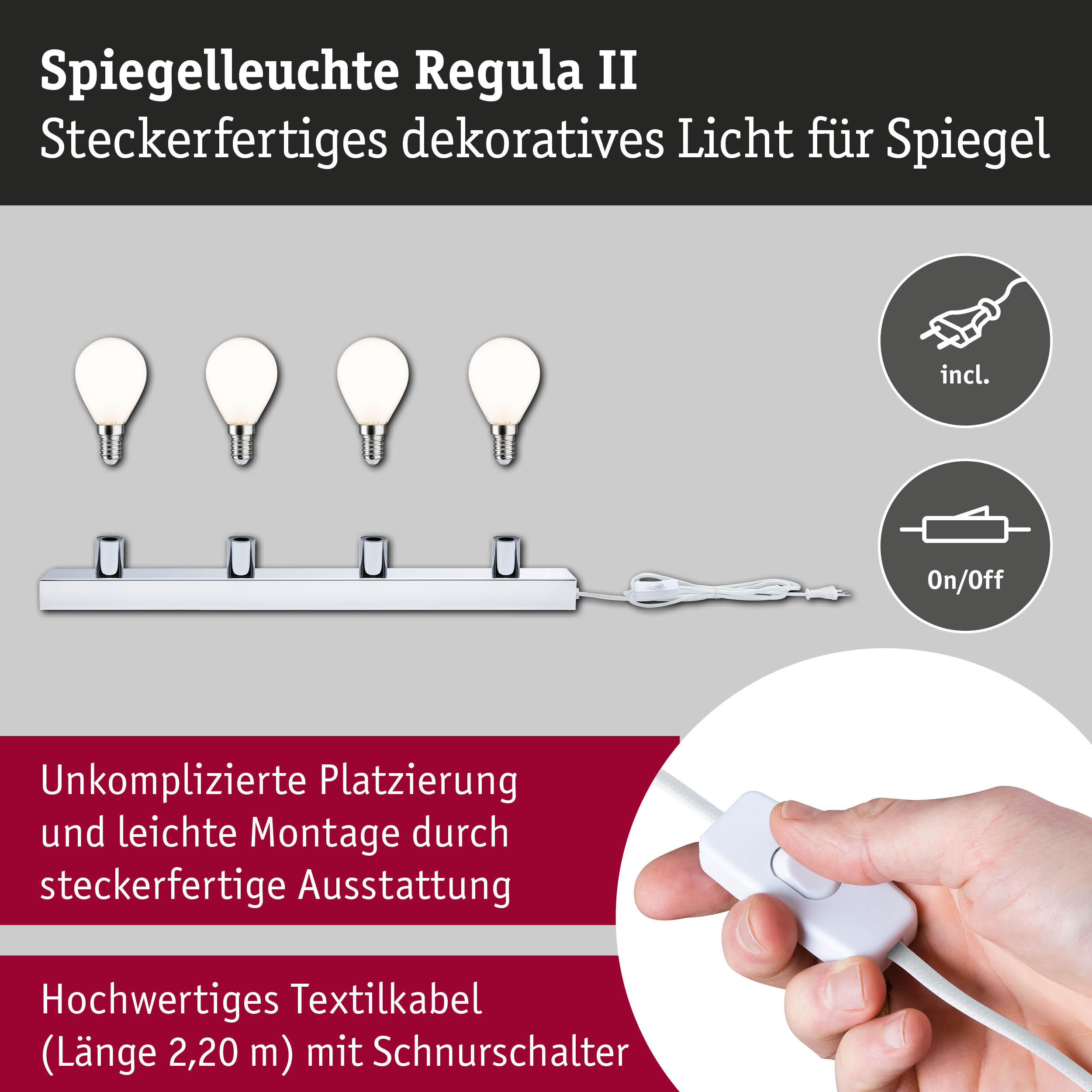 Spiegelleuchte Regula II mit vier weißen Glühbirnen und chromfarbenem Metallgehäuse, Textilkabel mit Schalter