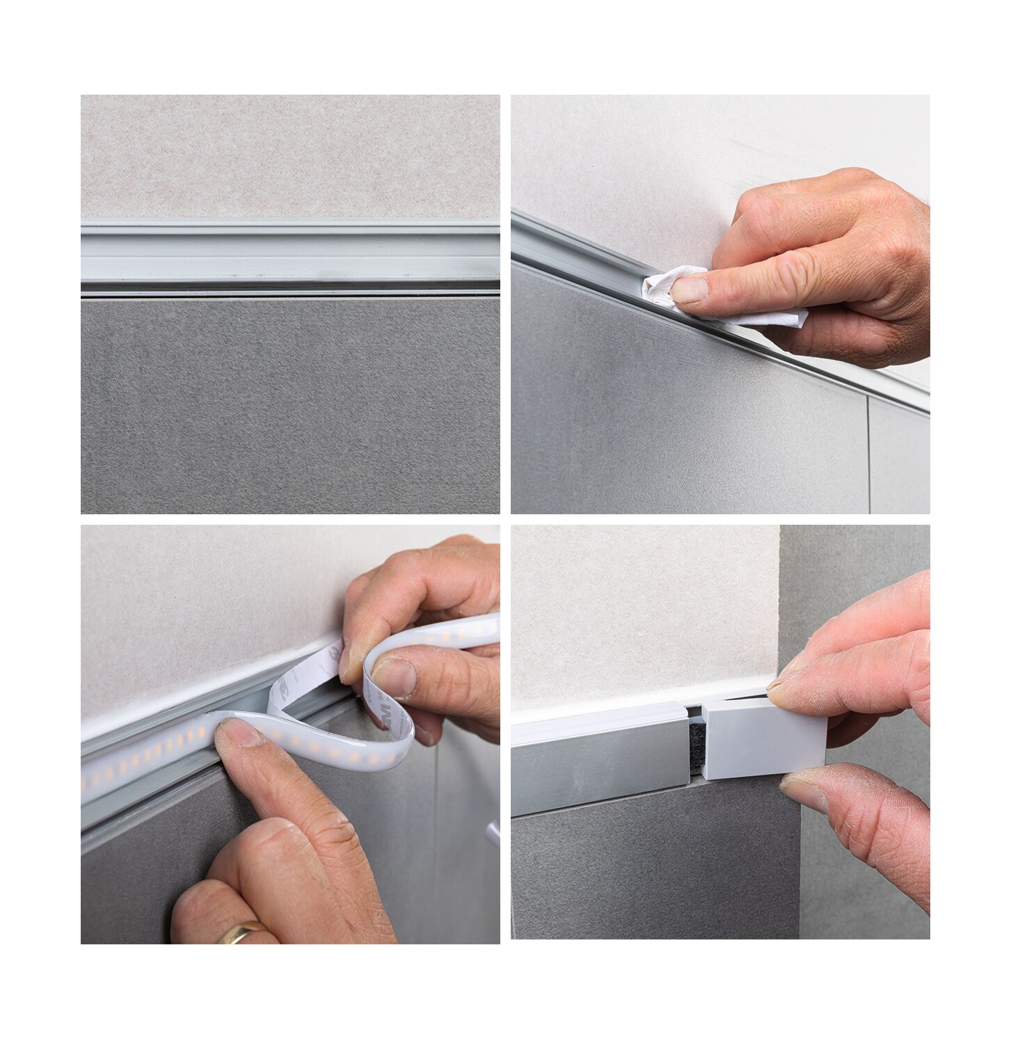 Installation of white LED aluminum profile on grey wall with cleaning and LED strip fitting