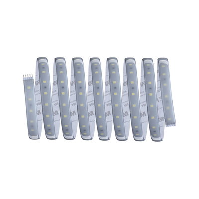 Flexible LED strip with white LEDs and adhesive backing for versatile lighting solutions.