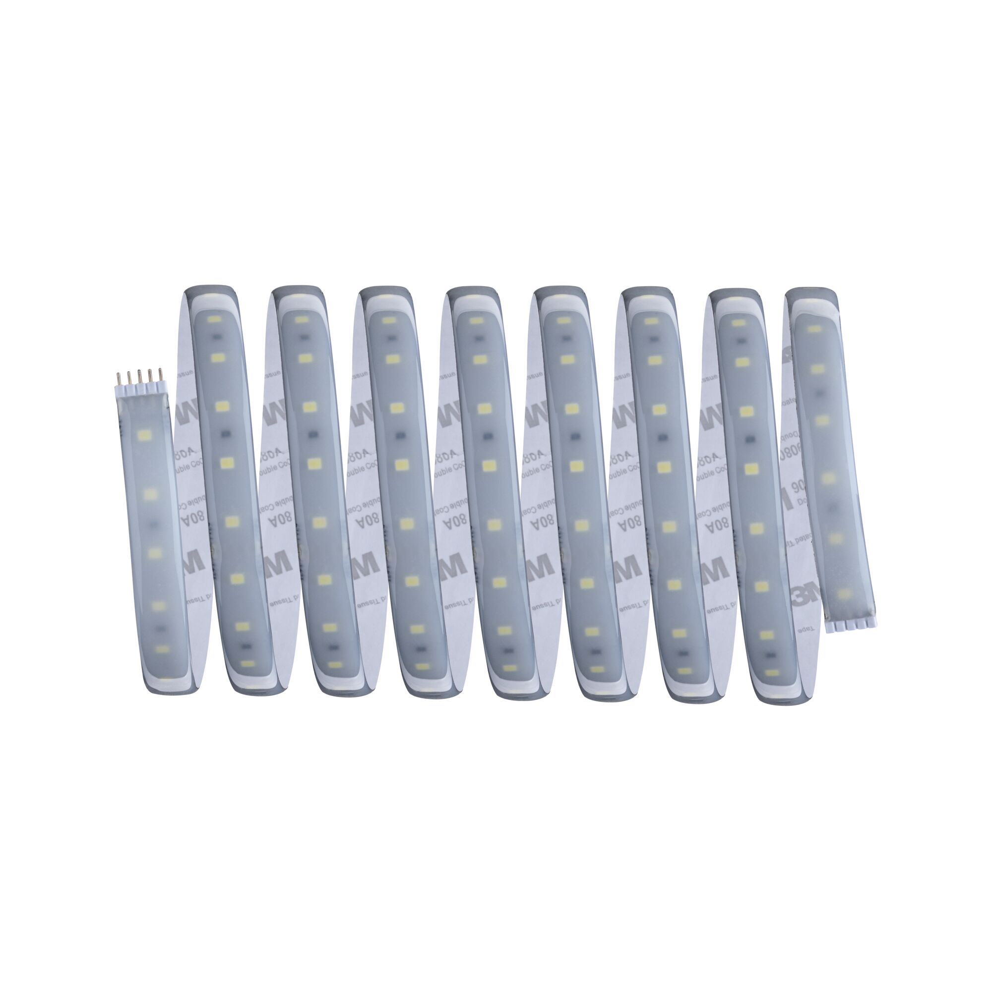 Flexible LED strip with white LEDs and adhesive backing for versatile lighting solutions.