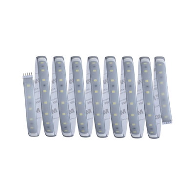 Flexible LED strip with white LEDs and adhesive backing for versatile lighting solutions.
