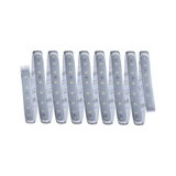 Flexible LED strip with white LEDs and adhesive backing for versatile lighting solutions.