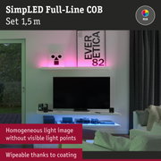 Living room with TV and white and pink RGB LED strips creating ambient lighting effect