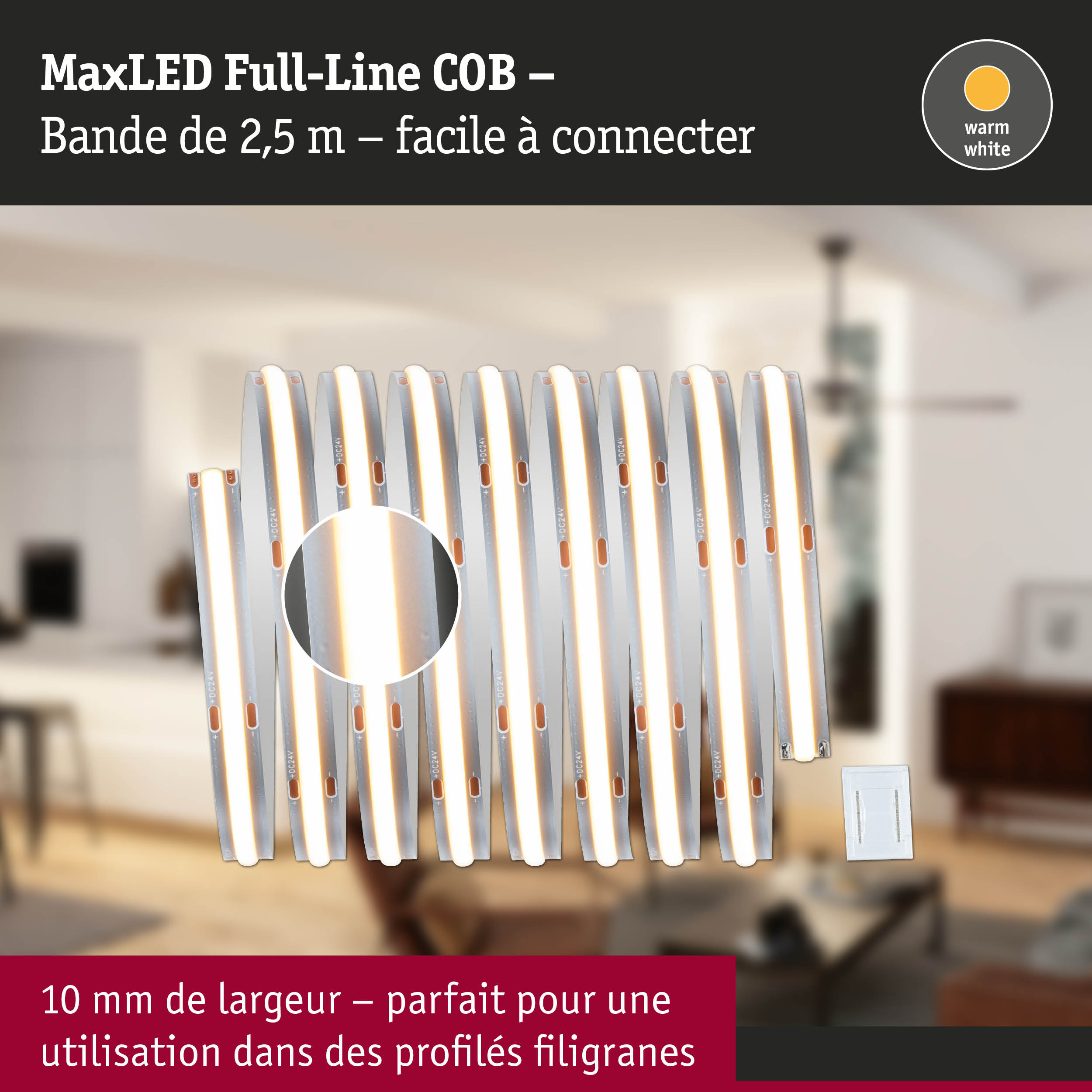 Bande LED MaxLED Full-Line COB 2,5 m en blanc chaud, bande flexible en aluminium pour profils fins