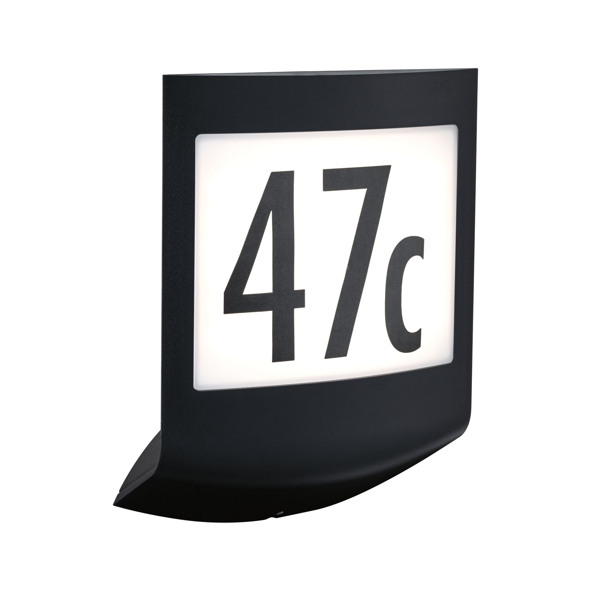 Black LED house number sign with white background and black digits 47c for outdoor lighting