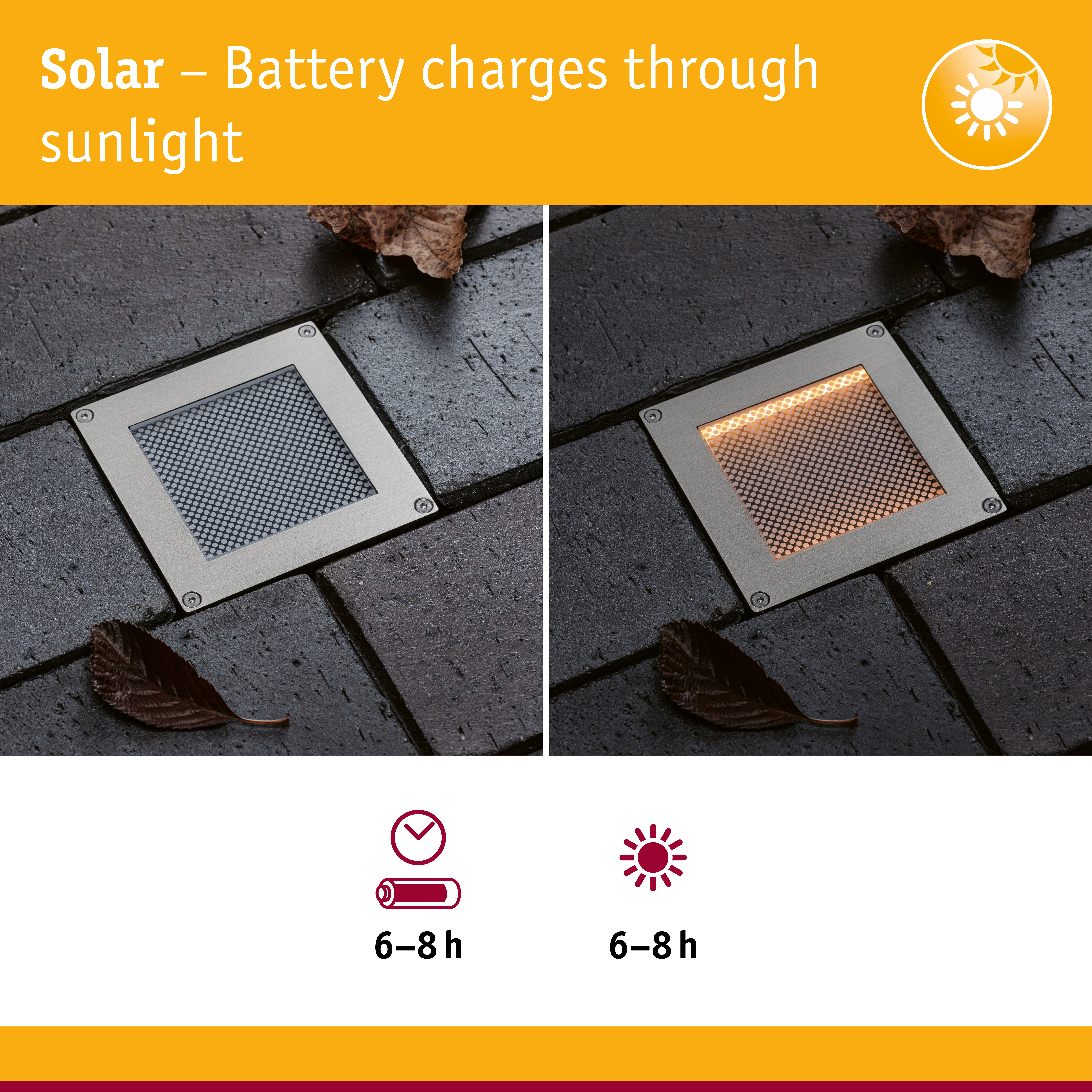 Solar LED Recessed floor light Sorea Twilight switch IP67 angular 100x100mm 2200K 0,1W 5lm 3,7V Brushed iron ABS/Polycarbonate/Stainless steel