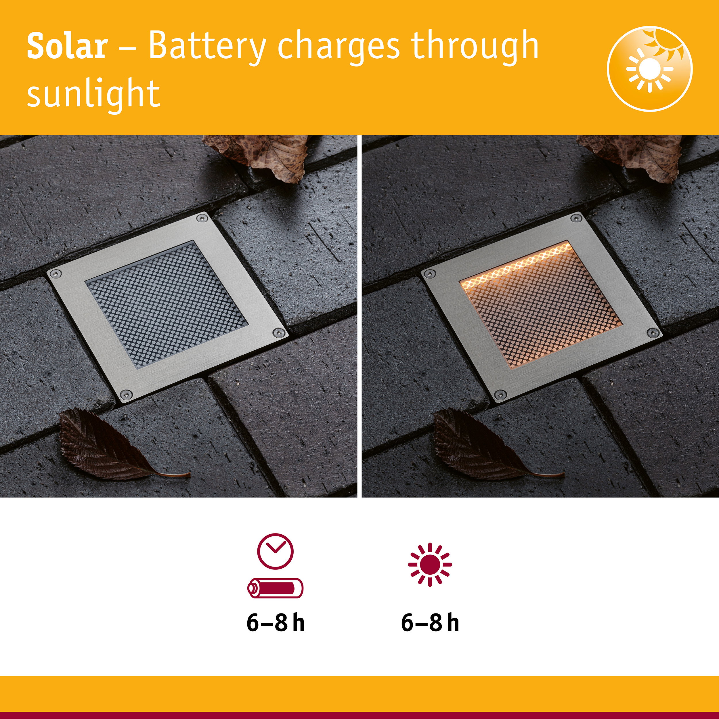Solar LED Recessed floor light Sorea Twilight switch IP67 angular 100x100mm 2200K 0,1W 5lm 3,7V Brushed iron ABS/Polycarbonate/Stainless steel