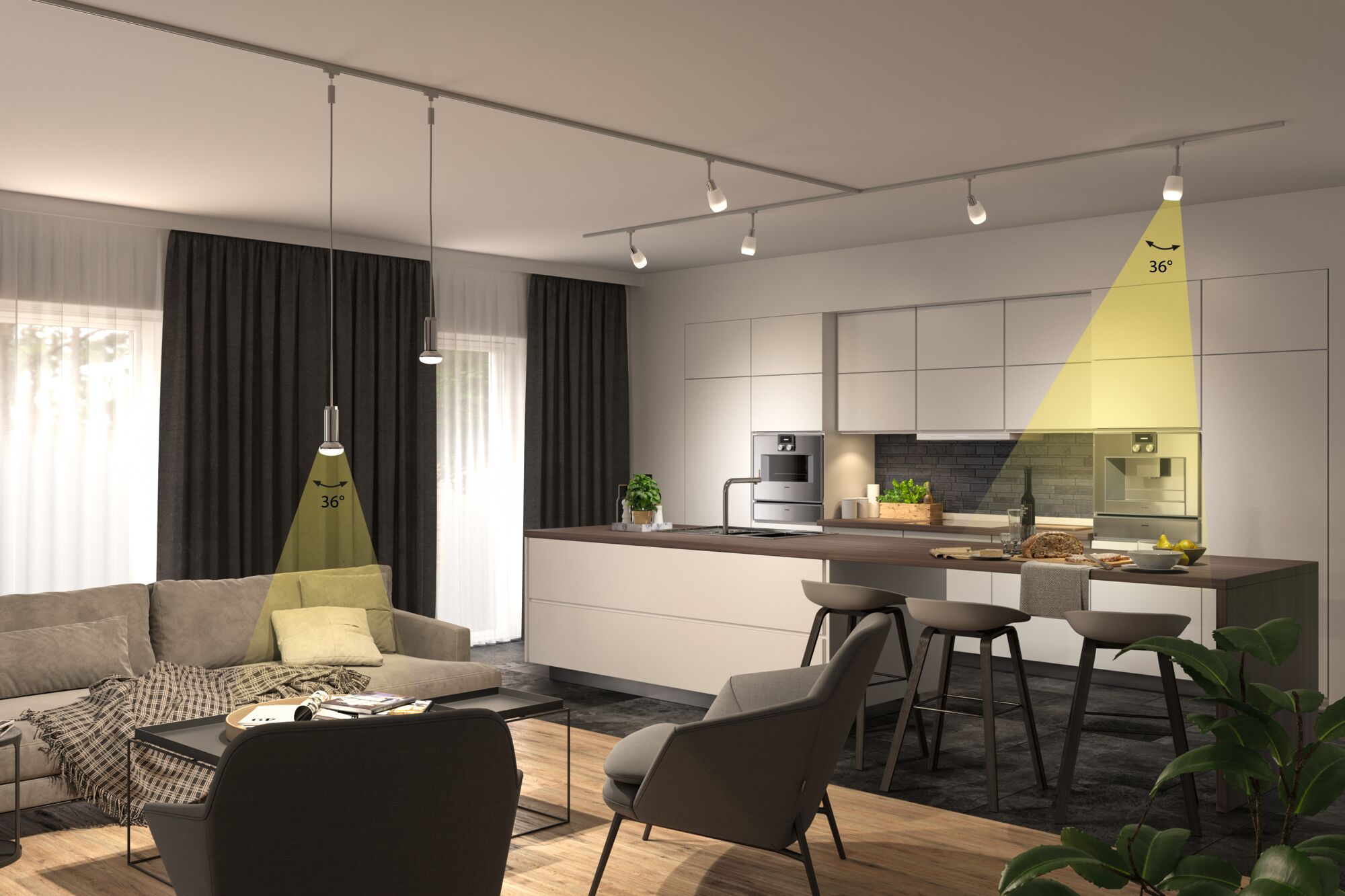 Moderne woonkeuken met witte kasten en verstelbare LED-spotlights met 36° stralingshoek