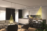 Moderne stue-køkken med hvide skabe og justerbare LED-spotlights med 36° strålevinkel