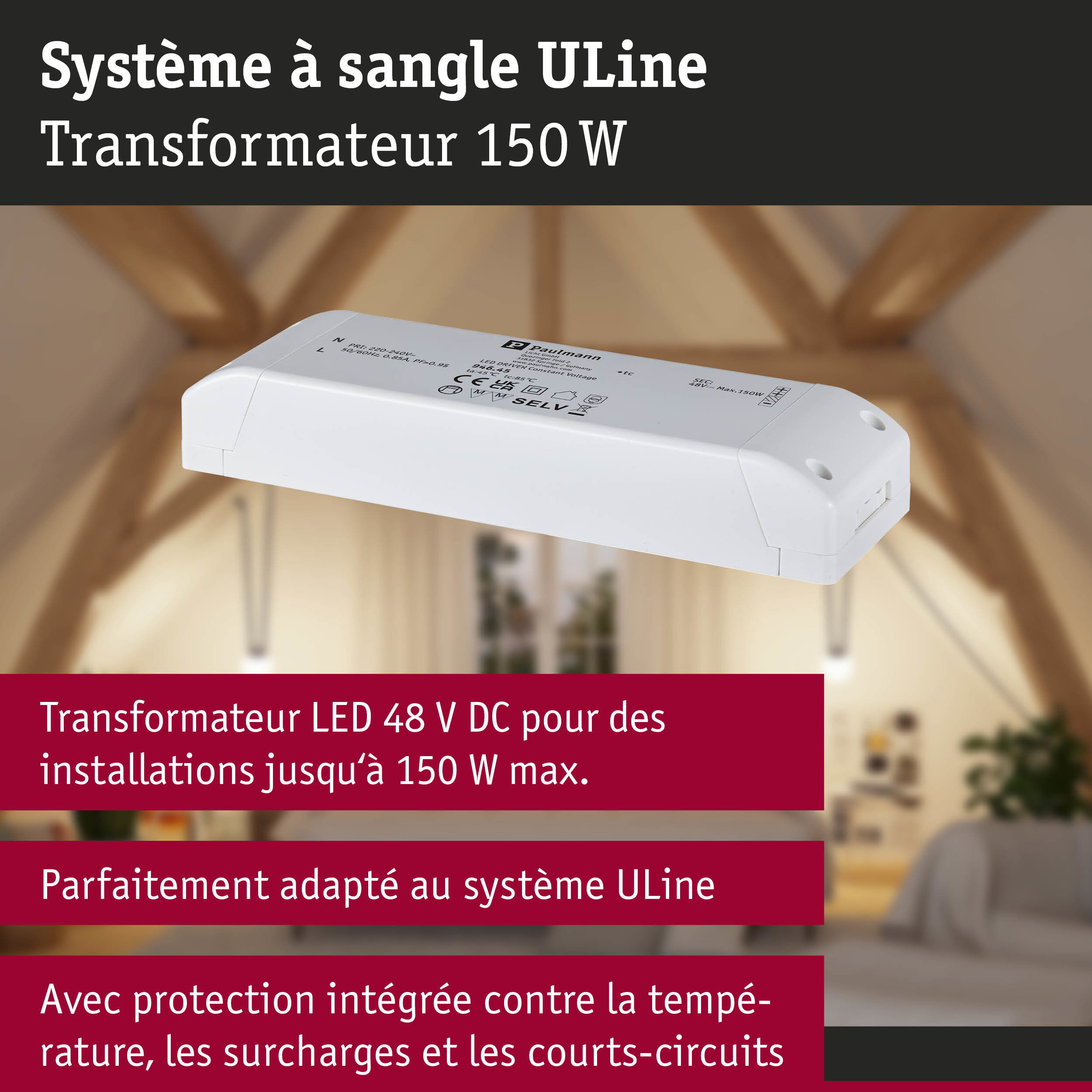 Transformateur LED blanc 150W pour système ULline avec protection intégrée contre la surchauffe et les courts-circuits