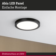 Abia LED Panel mit schwarzem Rahmen an weißer Decke montiert, energiesparende Deckenleuchte
