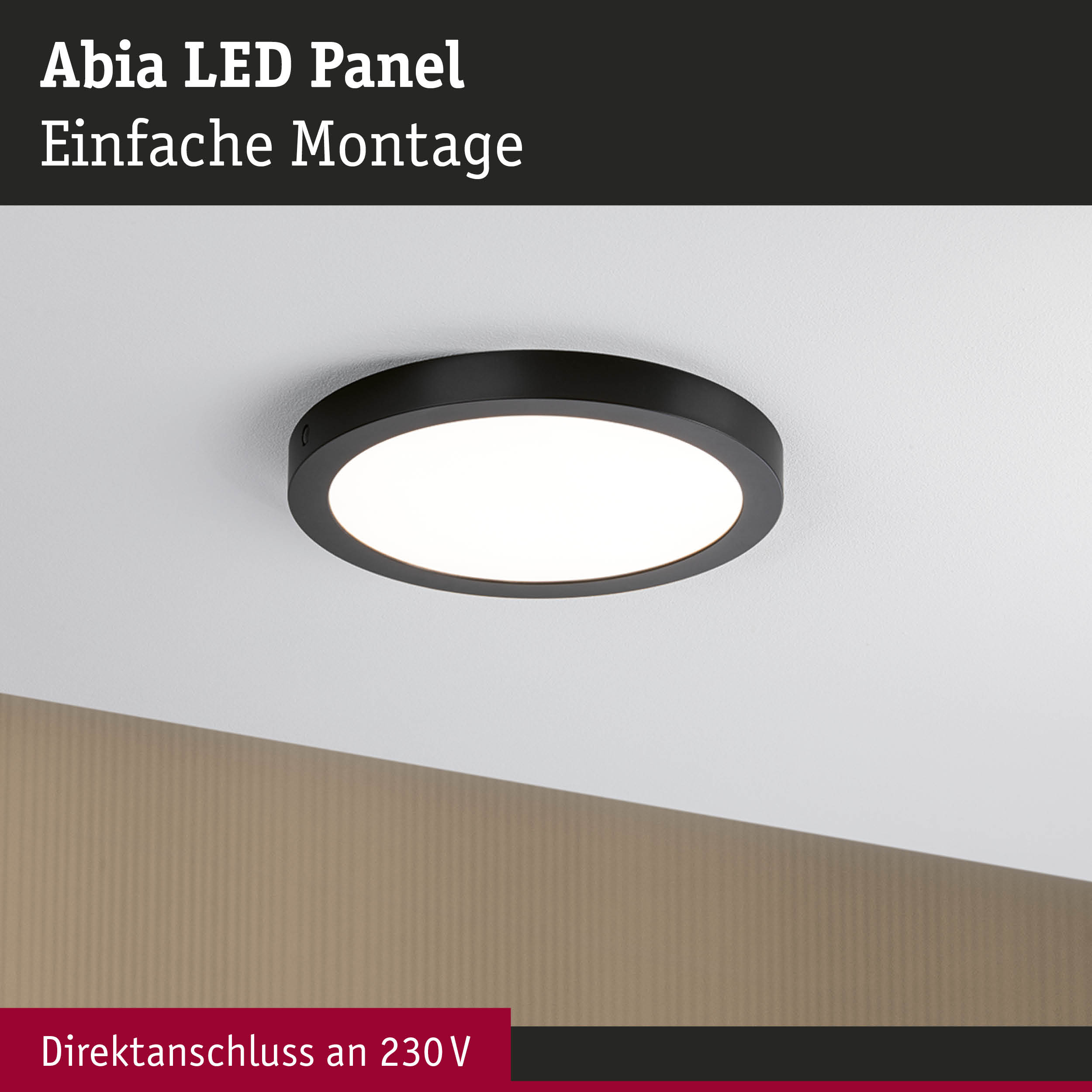 Abia LED Panel mit schwarzem Rahmen an weißer Decke montiert, energiesparende Deckenleuchte