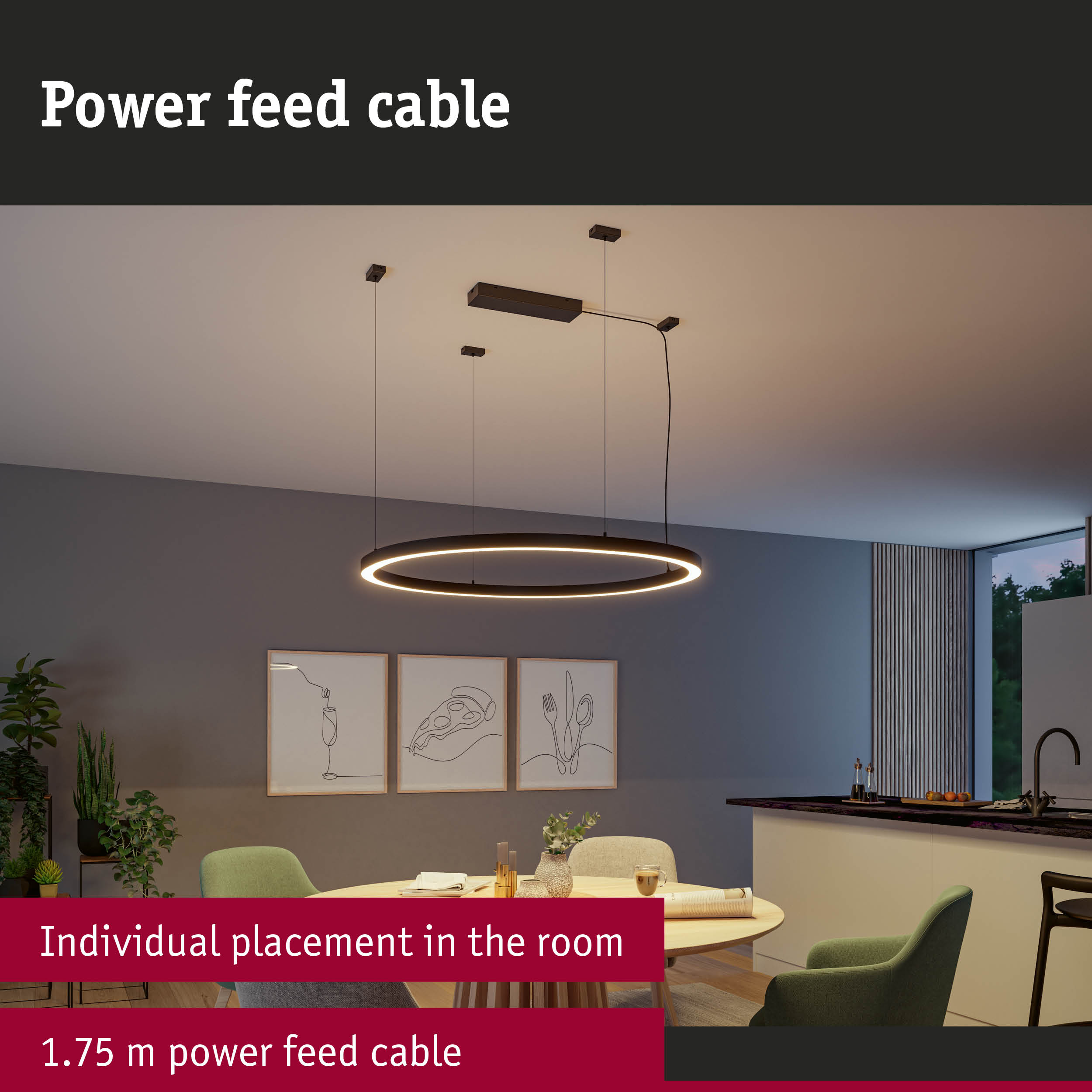 Modern black round LED pendant light with 1.75 m power feed cable in dining room setting
