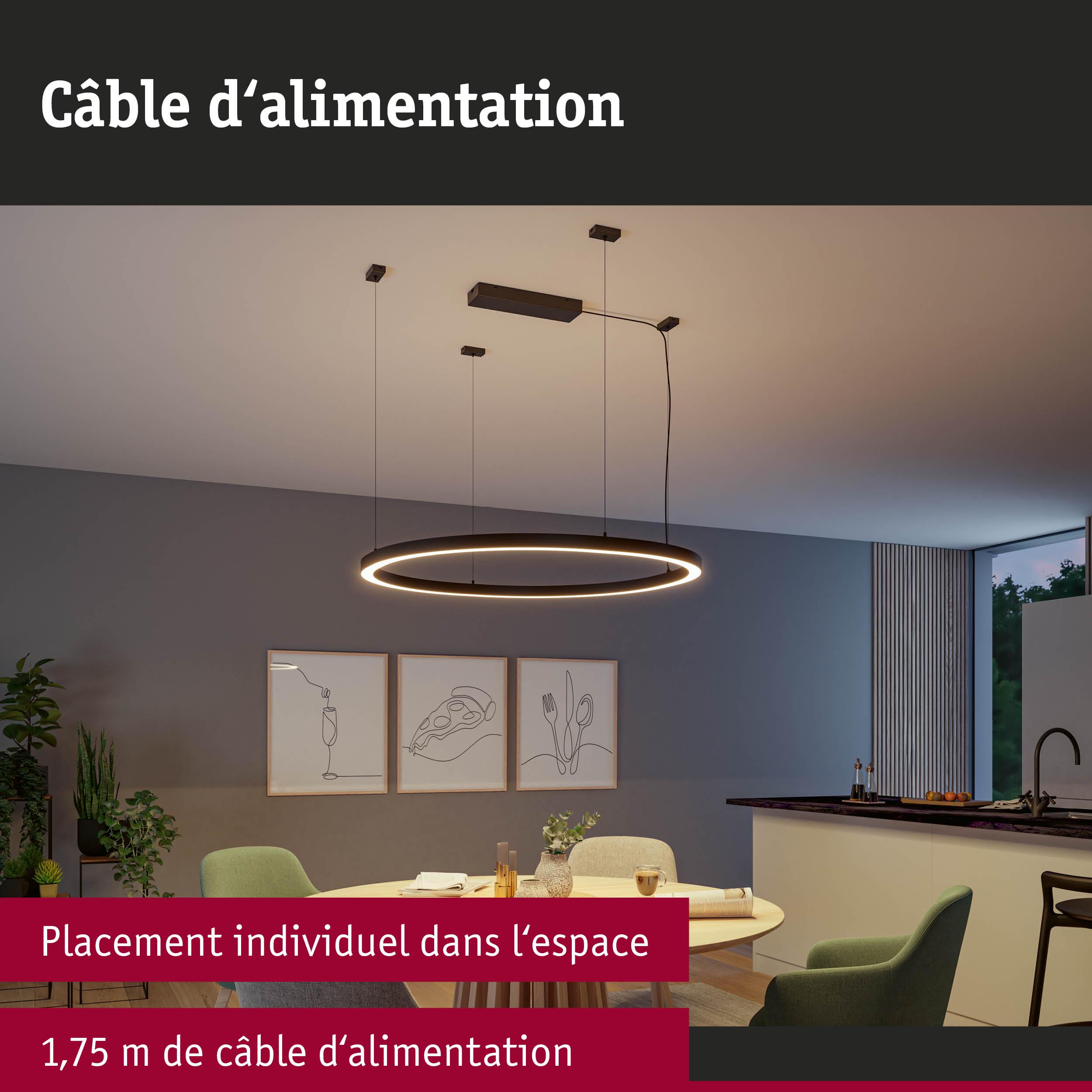 Suspension LED ronde noire avec câble d’alimentation de 1,75 m dans une salle à manger moderne.