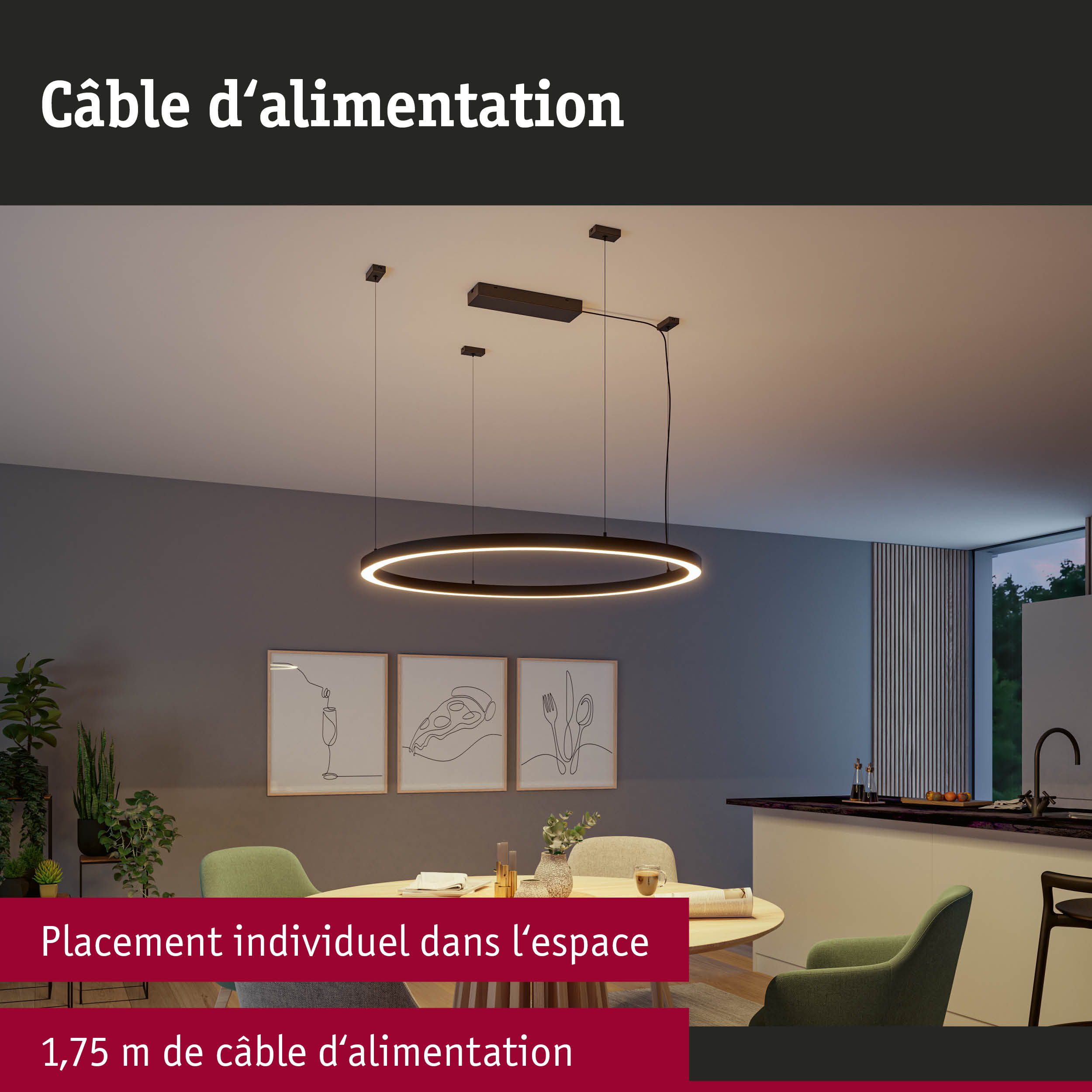Suspension LED ronde moderne avec cadre noir et câble d’alimentation de 1,75 m dans salle à manger.