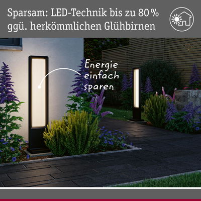 Moderne schwarze LED-Außenleuchten mit warmweißem Licht im Gartenweg, energiesparende Beleuchtung