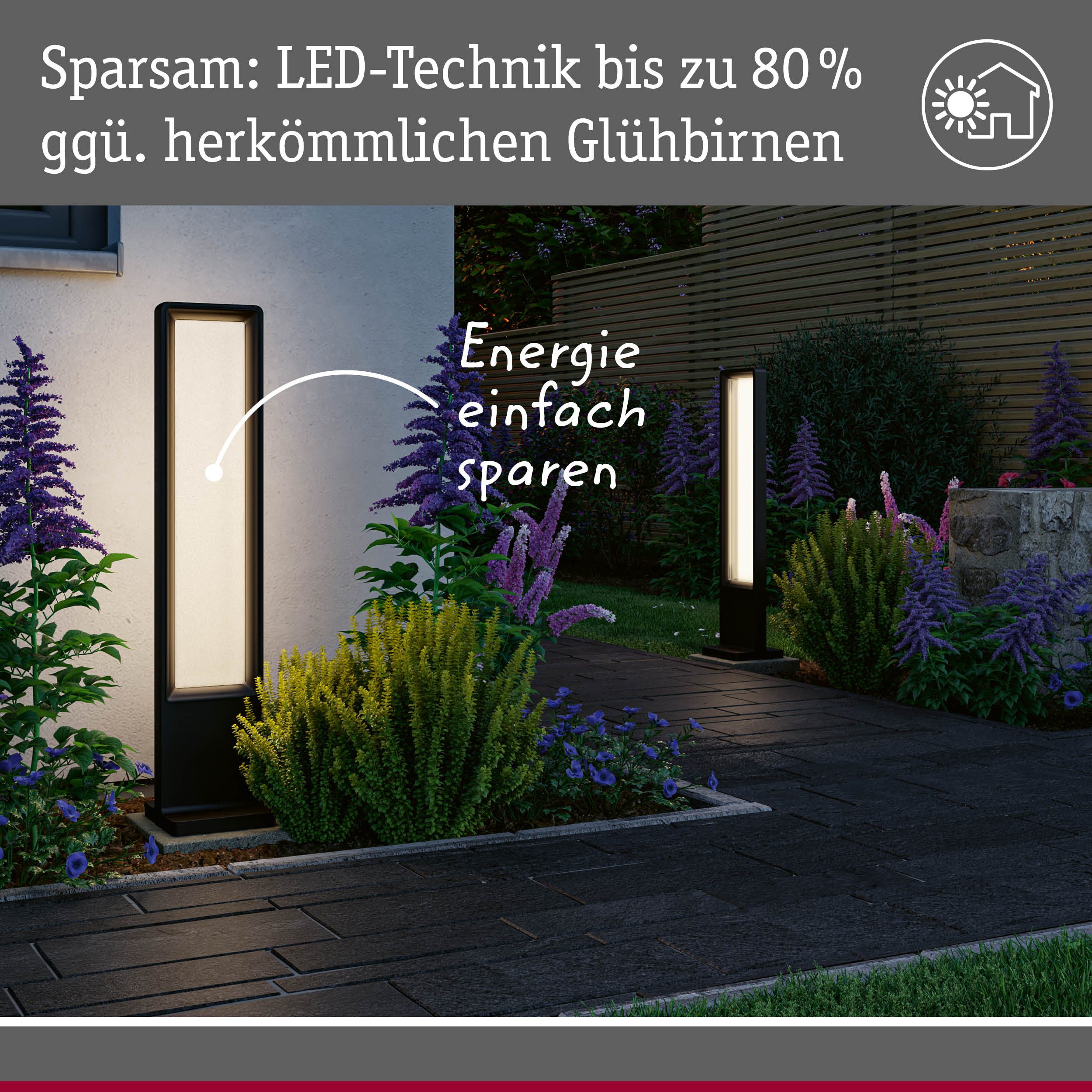 Moderne LED-Außenleuchten in Schwarz mit warmweißem Licht im Garten, energiesparende LED-Technik