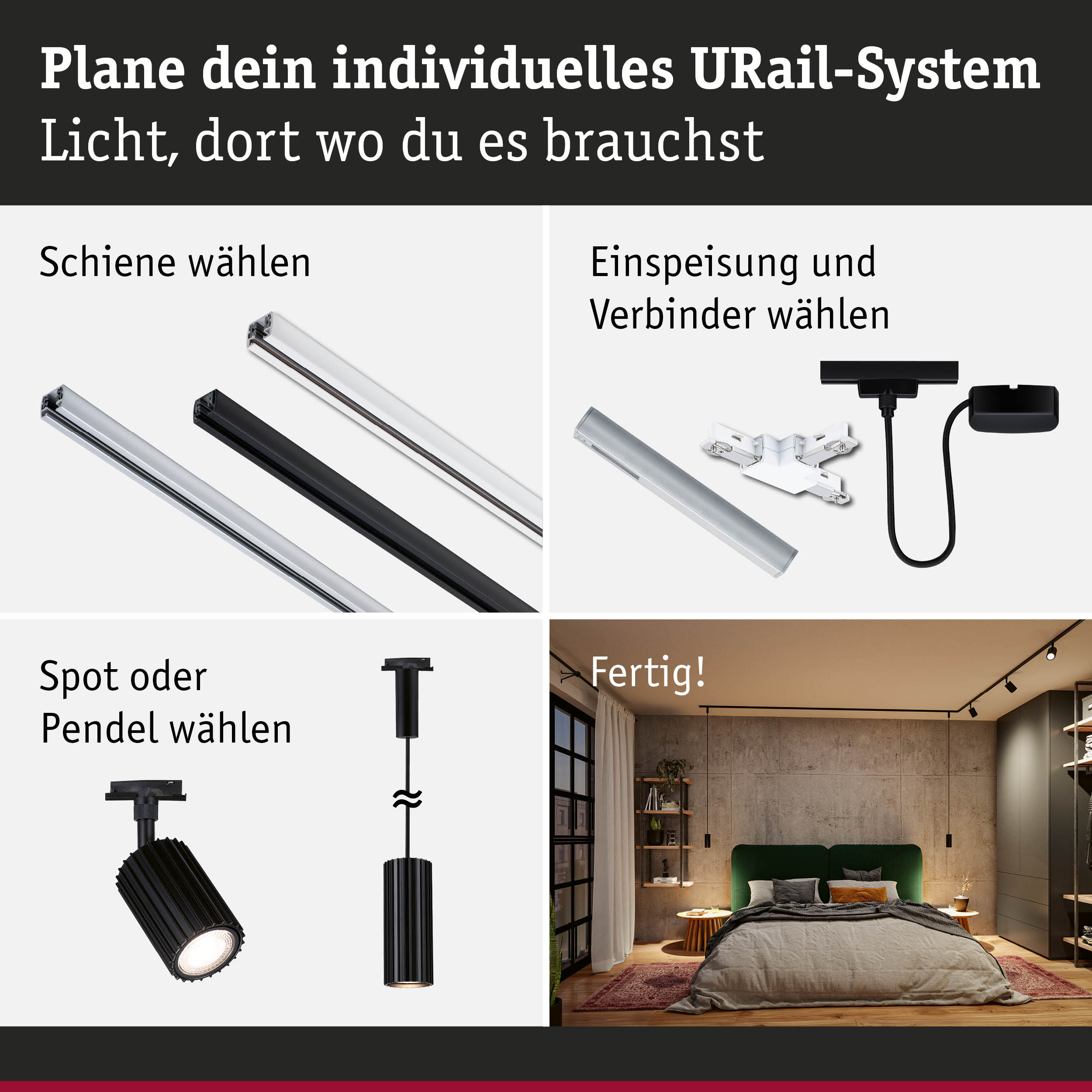 Modulares URail-Schienensystem in Schwarz und Weiß mit Spots und Pendelleuchten für flexible Raumbeleuchtung