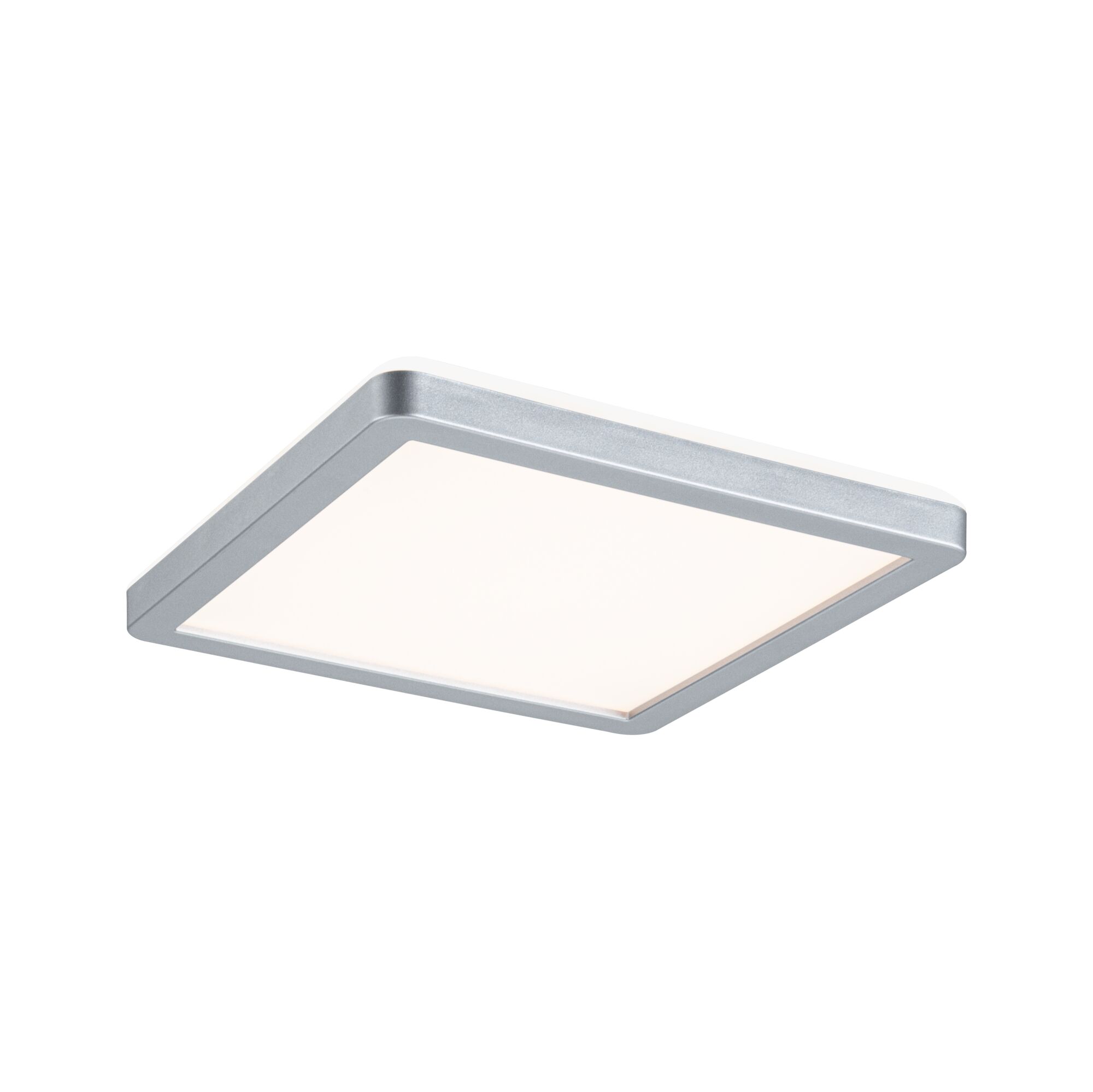 Quadratische Deckenleuchte aus silbernem Metall mit weißem Diffusor für modernes Raumlicht