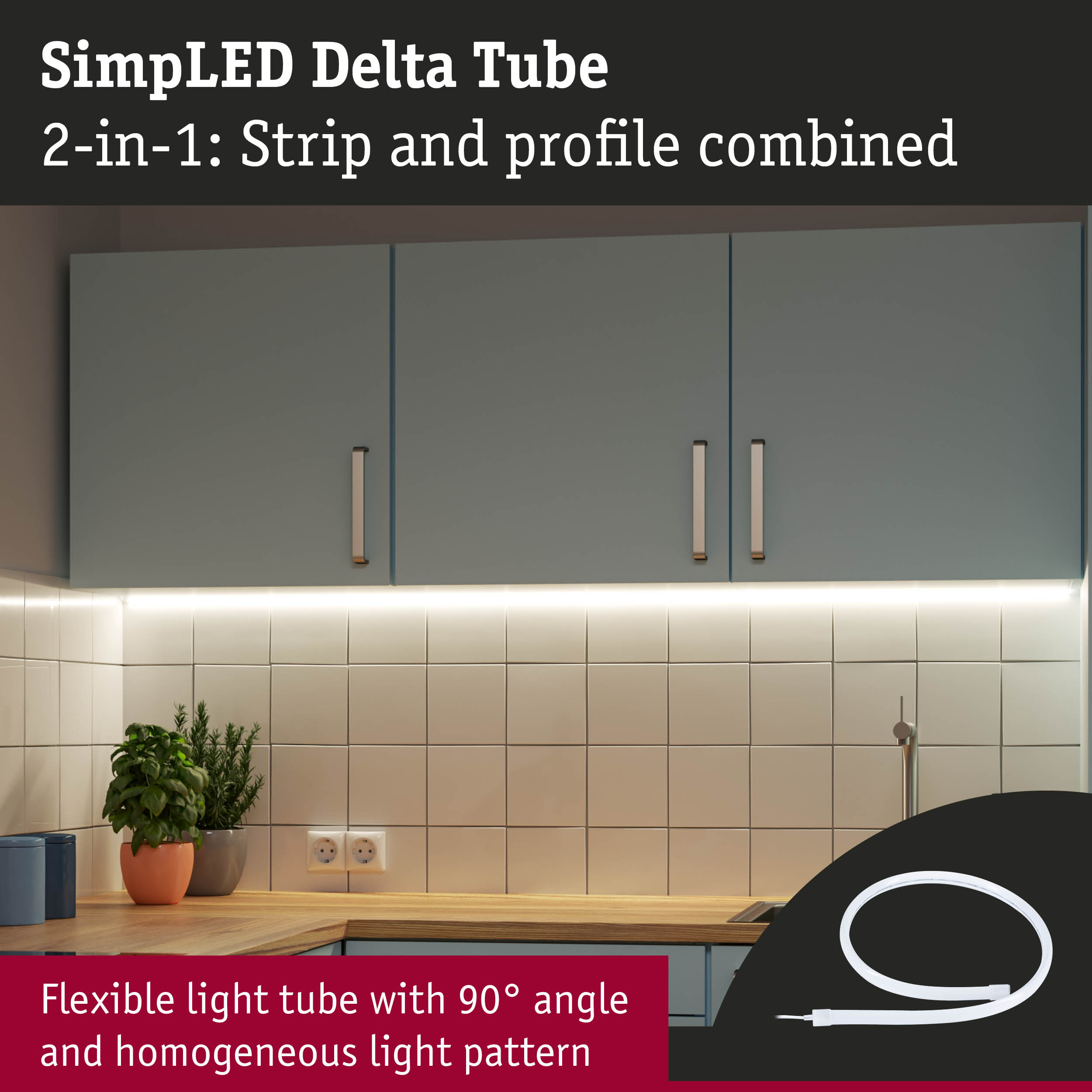 Flexible LED light tube with 90° angle and uniform light pattern ideal for kitchen lighting