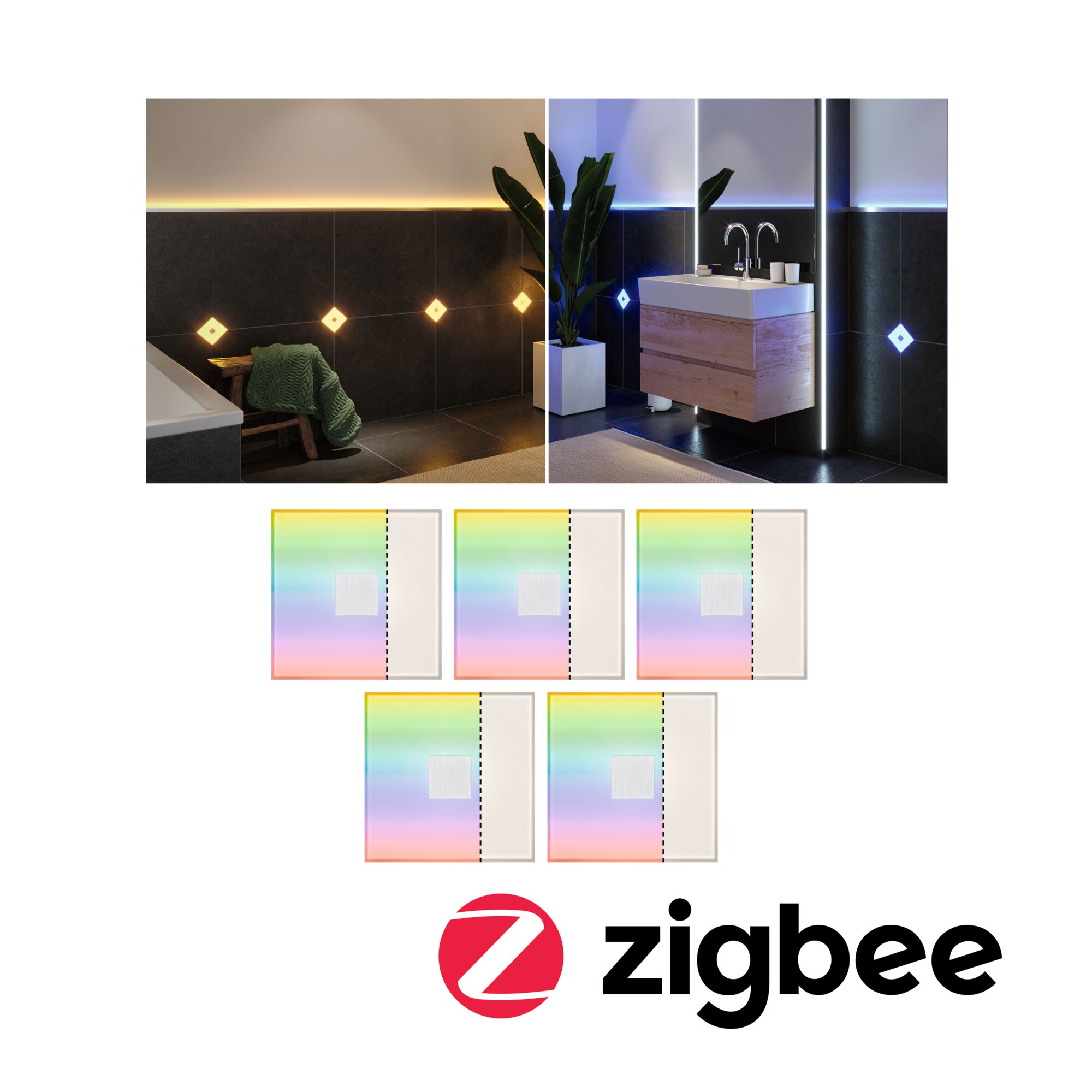 LumiTiles LED Tiles Smart Home Zigbee 3.0 Square 5-piece set IP44 100x100mm 5x12lm 230/12V 5x0,8W dimmable RGBW+ White Plastic/Aluminium Bathroom with dimmable LED wall lights in warm and cool tones, Zigbee compatible smart lighting.