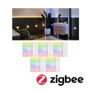 Badezimmer mit dimmbaren LED-Wandlichtern in warmem und kaltem Licht, Zigbee kompatibel.