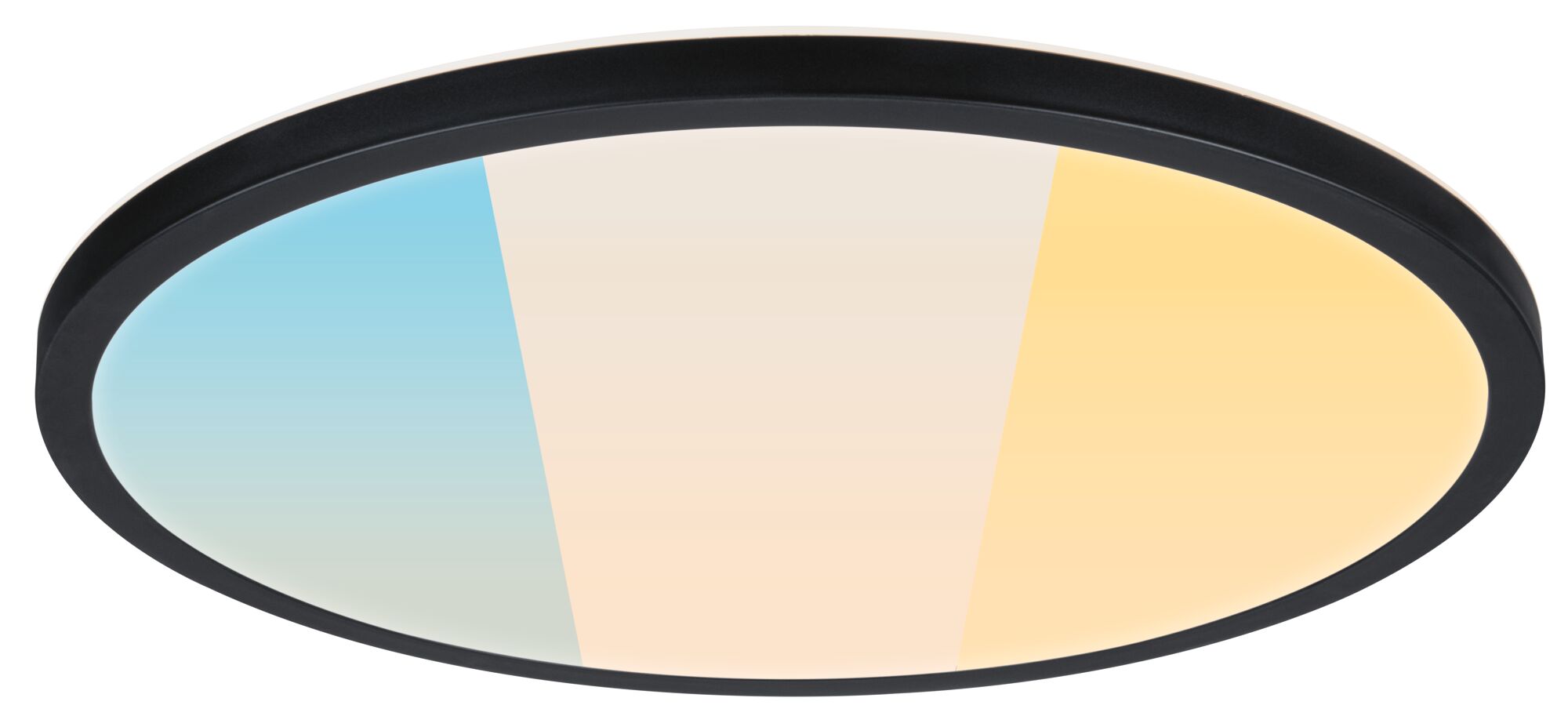 Ronde LED-plafondlamp met zwarte rand en instelbare kleurtemperatuur voor veelzijdige verlichting.