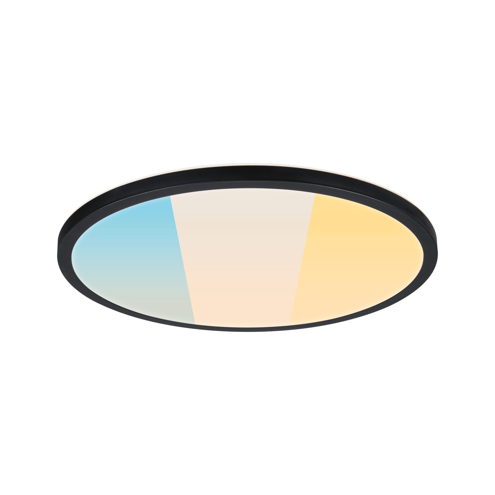 Panel LED Atria Shine White Select IP44 okrągły 398mm 20,8W 2800lm White Select Czarny Round LED ceiling light with black frame and adjustable color temperature for versatile lighting.