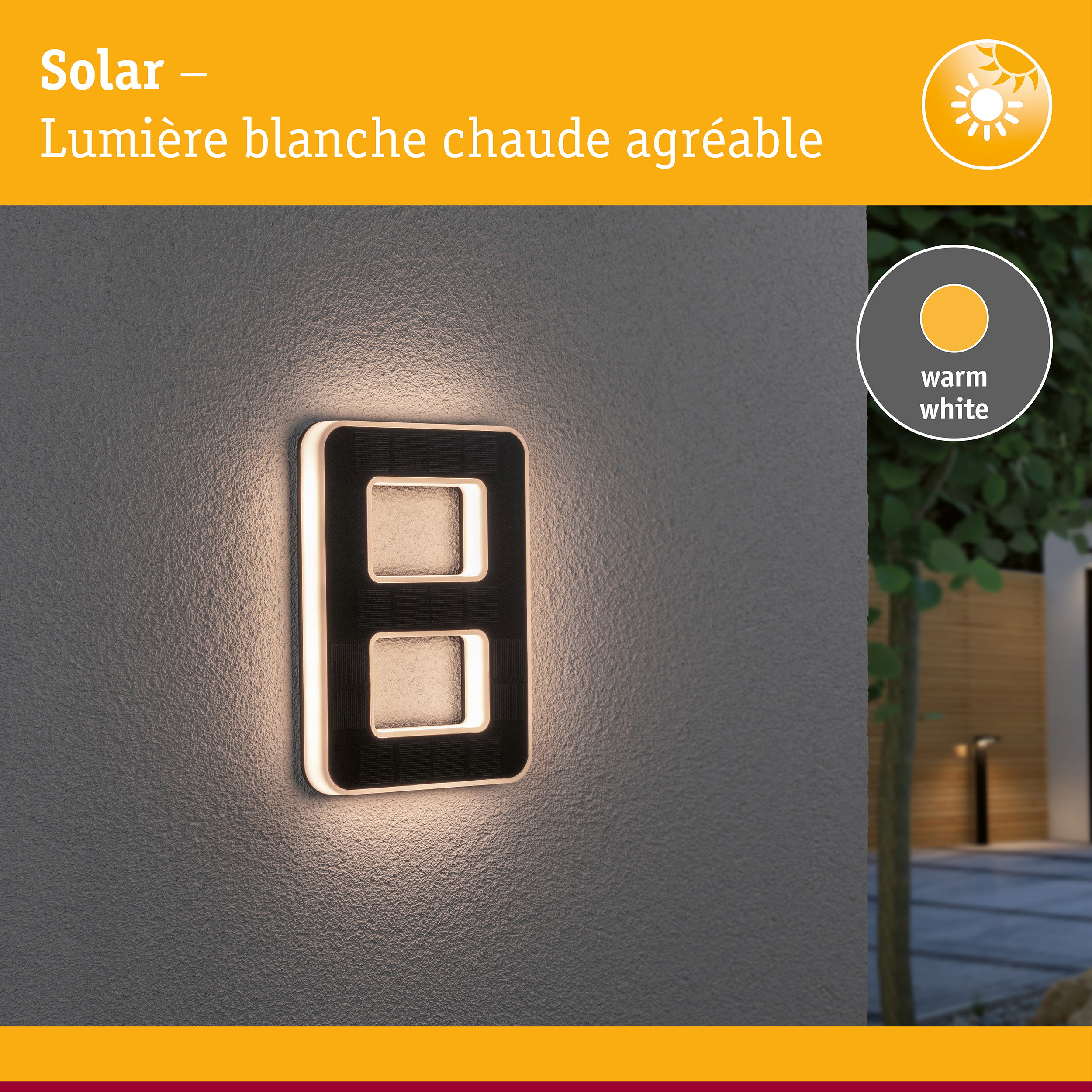 Applique murale solaire avec lumière blanche chaude et cadre noir pour usage extérieur