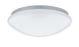 Round ceiling light with white plastic shade and grey metal rim for living spaces