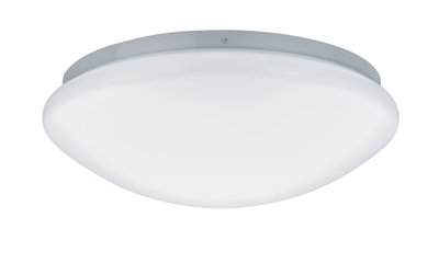Round ceiling light with white plastic shade and grey metal rim for living spaces