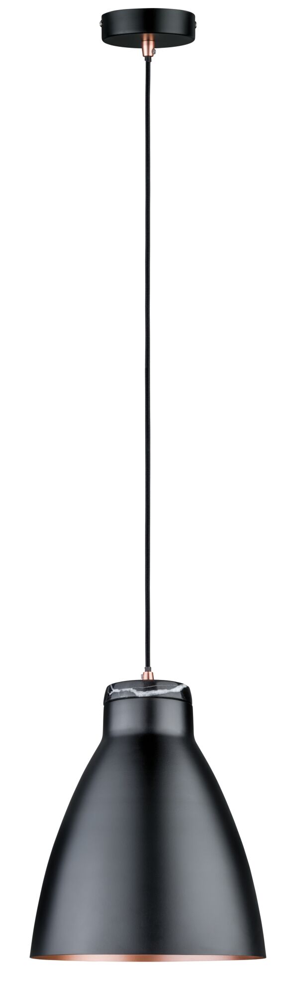 Suspension en métal noir avec accents cuivre et détail marbre au raccord de câble, lampe LED moderne