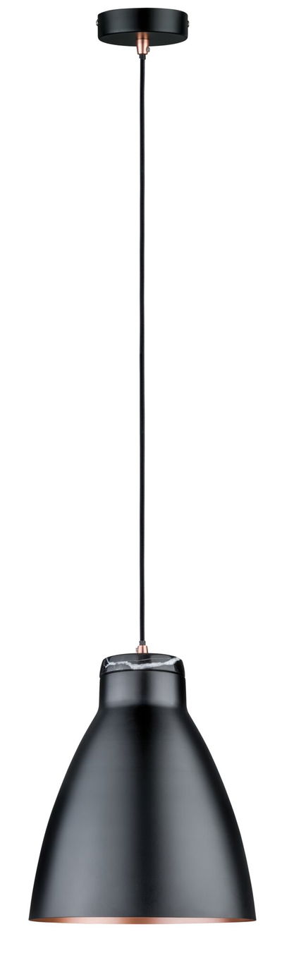 Suspension en métal noir avec accents cuivre et détail marbre au raccord de câble, lampe LED moderne