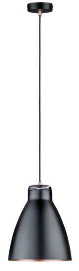 Black metal pendant lamp with copper accents and marble detail at cable connection, modern LED hanging light