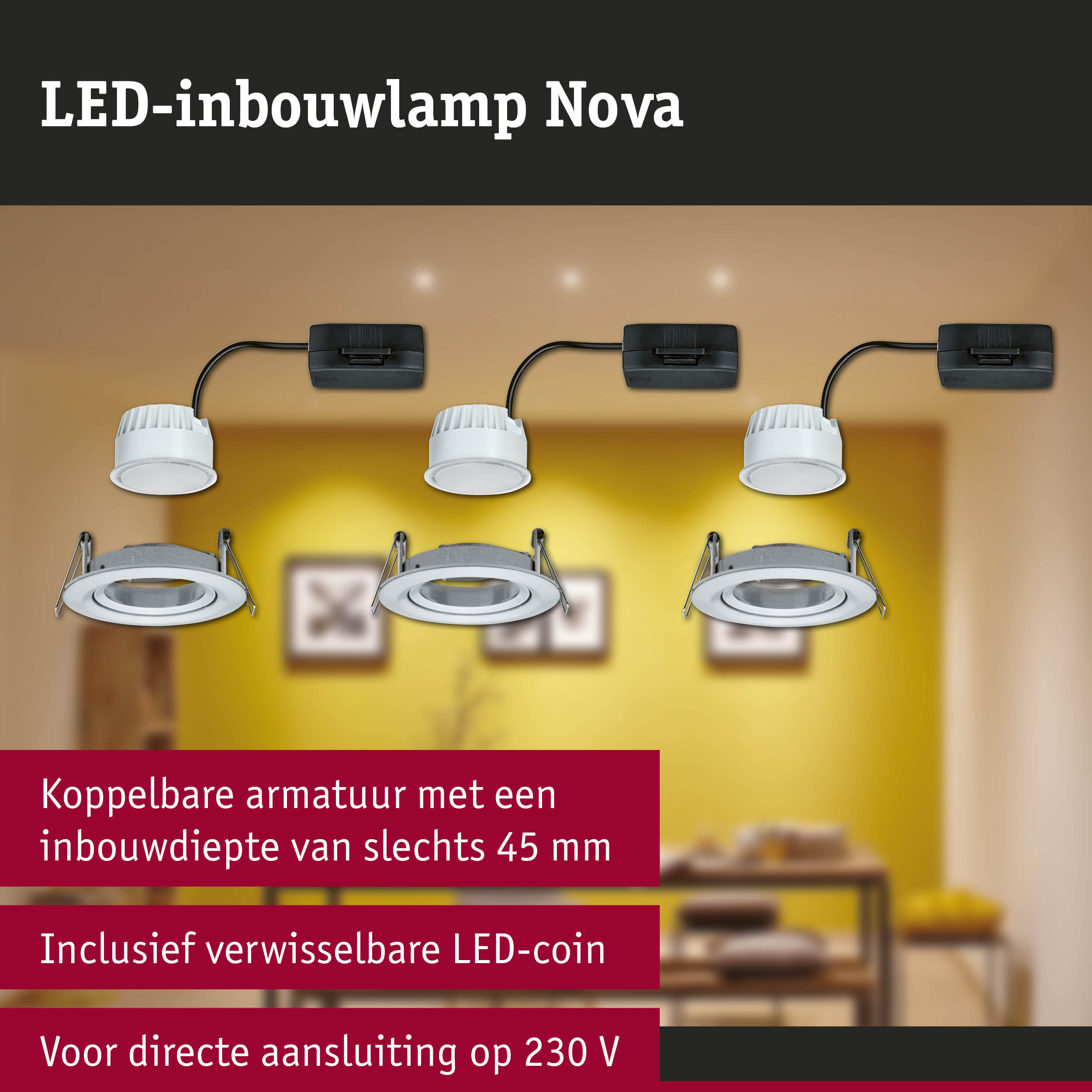 Witte LED-inbouwlamp Nova met zwarte kabel, energiezuinige plafondverlichting