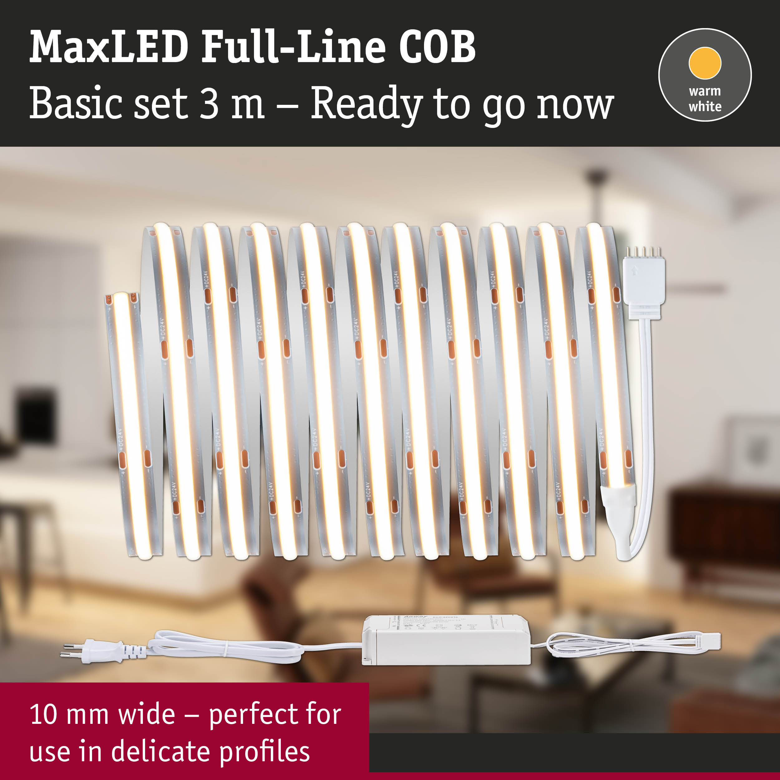 MaxLED Full-Line COB 3m warm white LED strip with power supply for delicate profile lighting