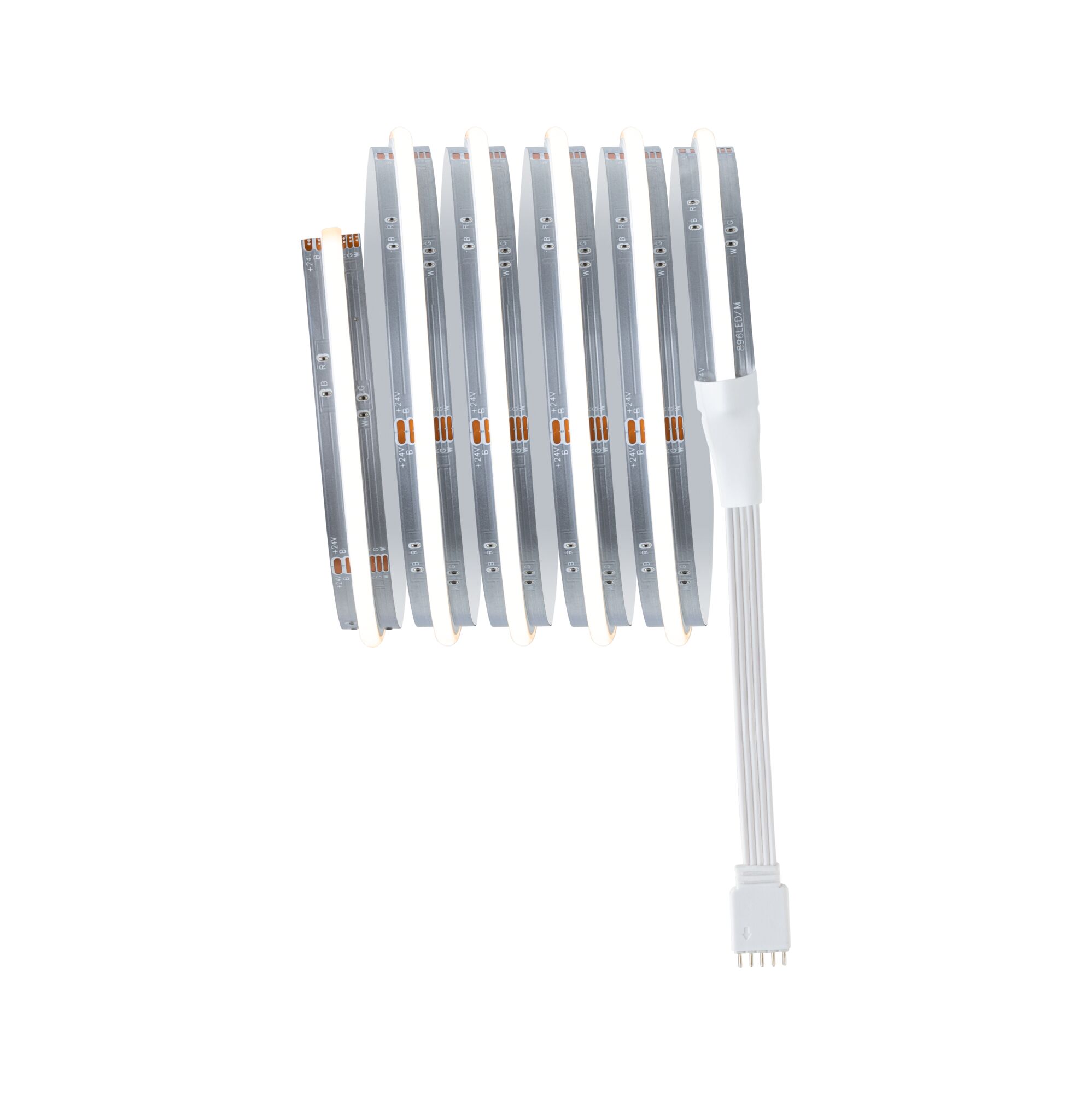 Flexible LED light strip with white illumination and 4-pin connector for versatile lighting accents