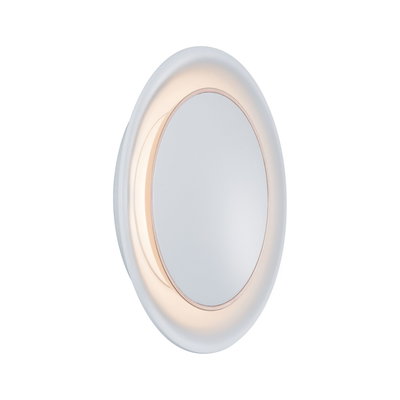 Round LED wall light with white plastic housing and warm white light for modern interiors