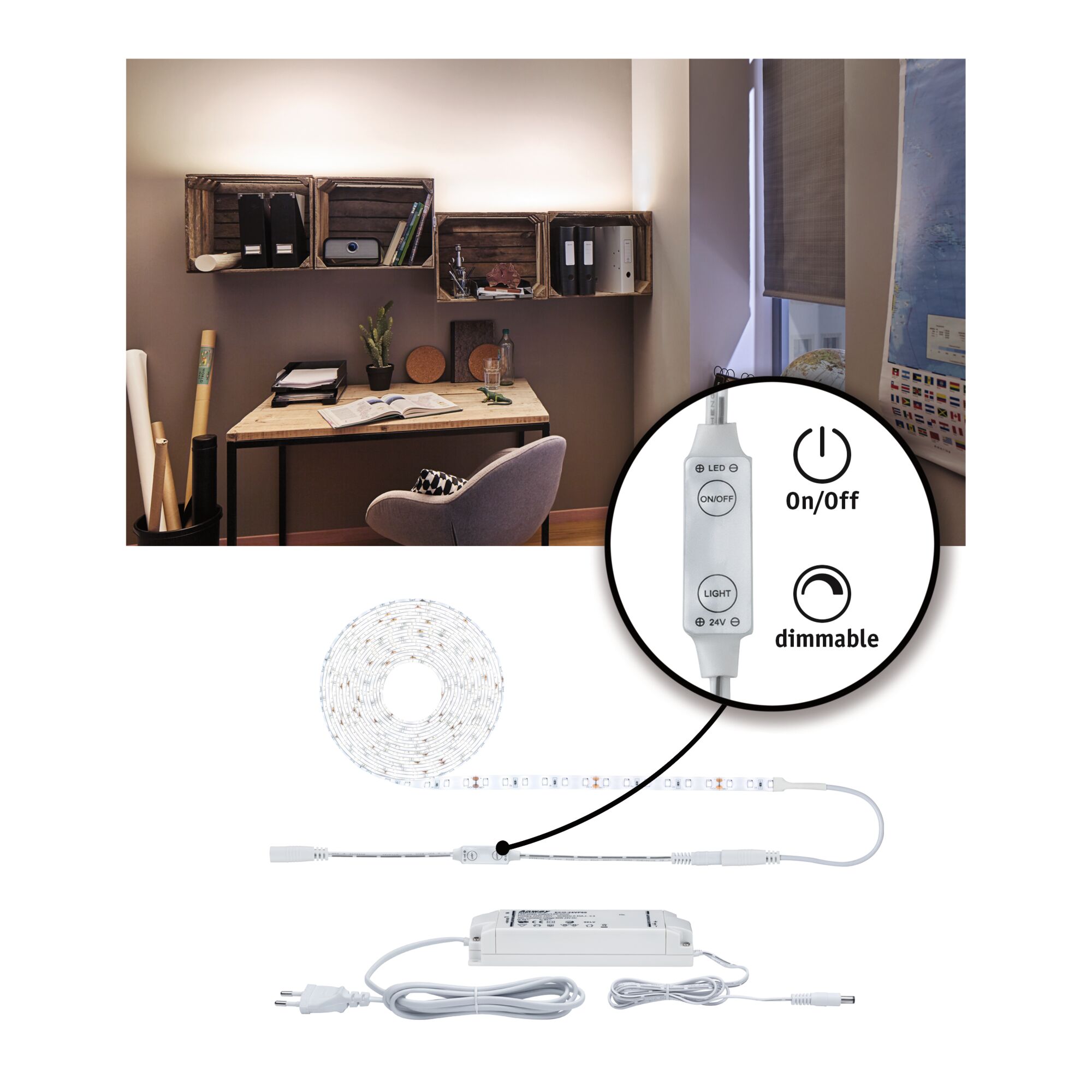 White LED strip with dimmable on/off switch and power supply for flexible room lighting