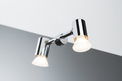 Modern adjustable chrome LED mirror light with two bulbs for bathroom and hallway lighting.