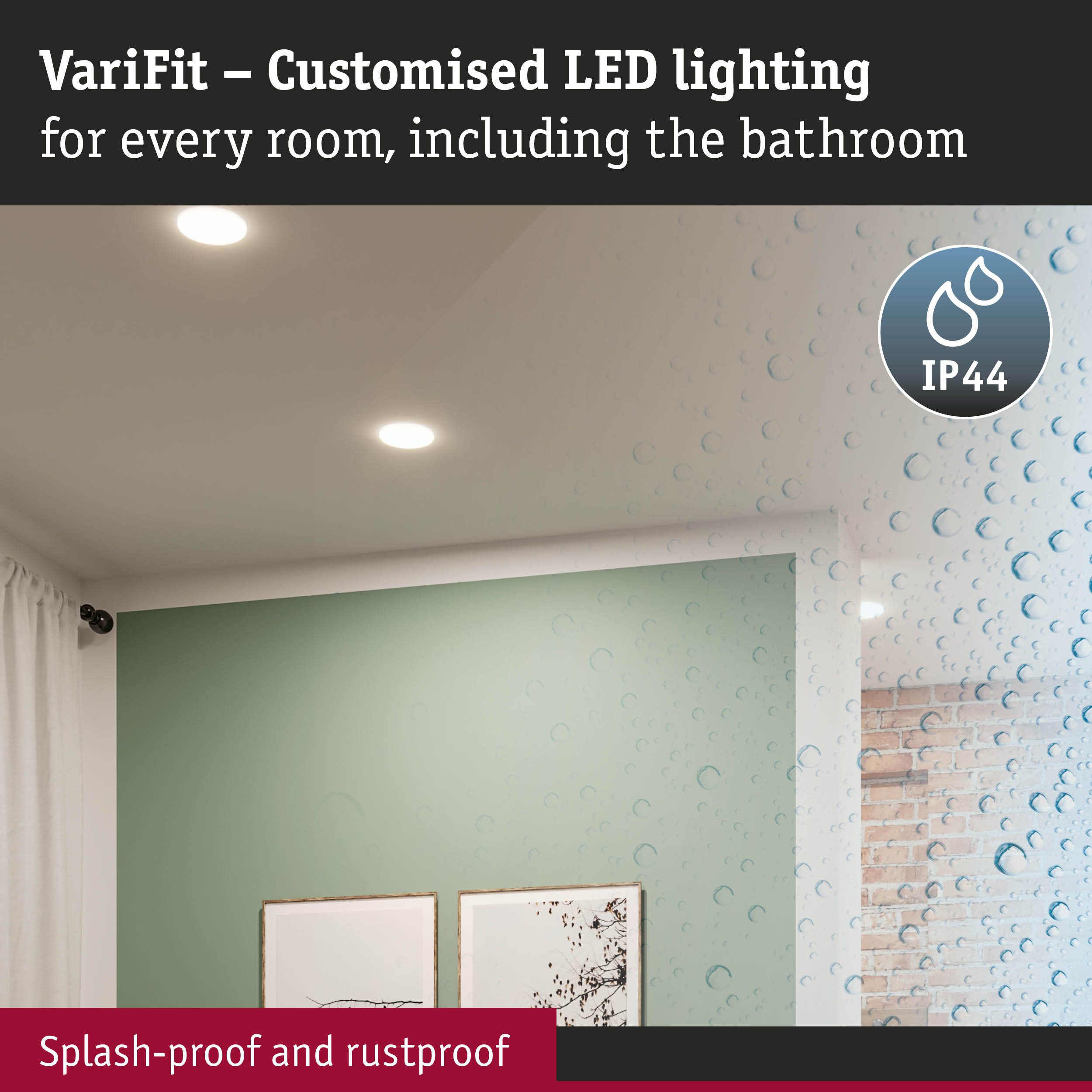 VariFit recessed LED lights with IP44 rating, splash-proof and rustproof, perfect for bathroom lighting