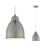 Moderne Pendelleuchte aus gebürstetem Metall in Grau mit Lochmuster und weißem Diffusor für Wohnräume