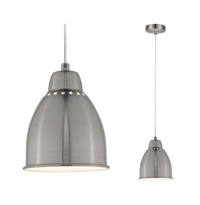 Moderne Pendelleuchte aus gebürstetem Metall in Grau mit Lochmuster und weißem Diffusor für Wohnräume