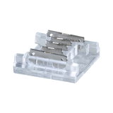 Small transparent plastic connector with metal contacts for LED lighting systems.
