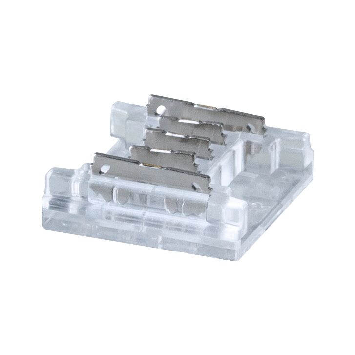Pro Strip Connector RGBW Slim 14x13,5mm max. 144W Transparent Small transparent plastic connector with metal contacts for LED lighting systems.