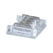 Small transparent plastic connector with metal contacts for LED lighting systems.
