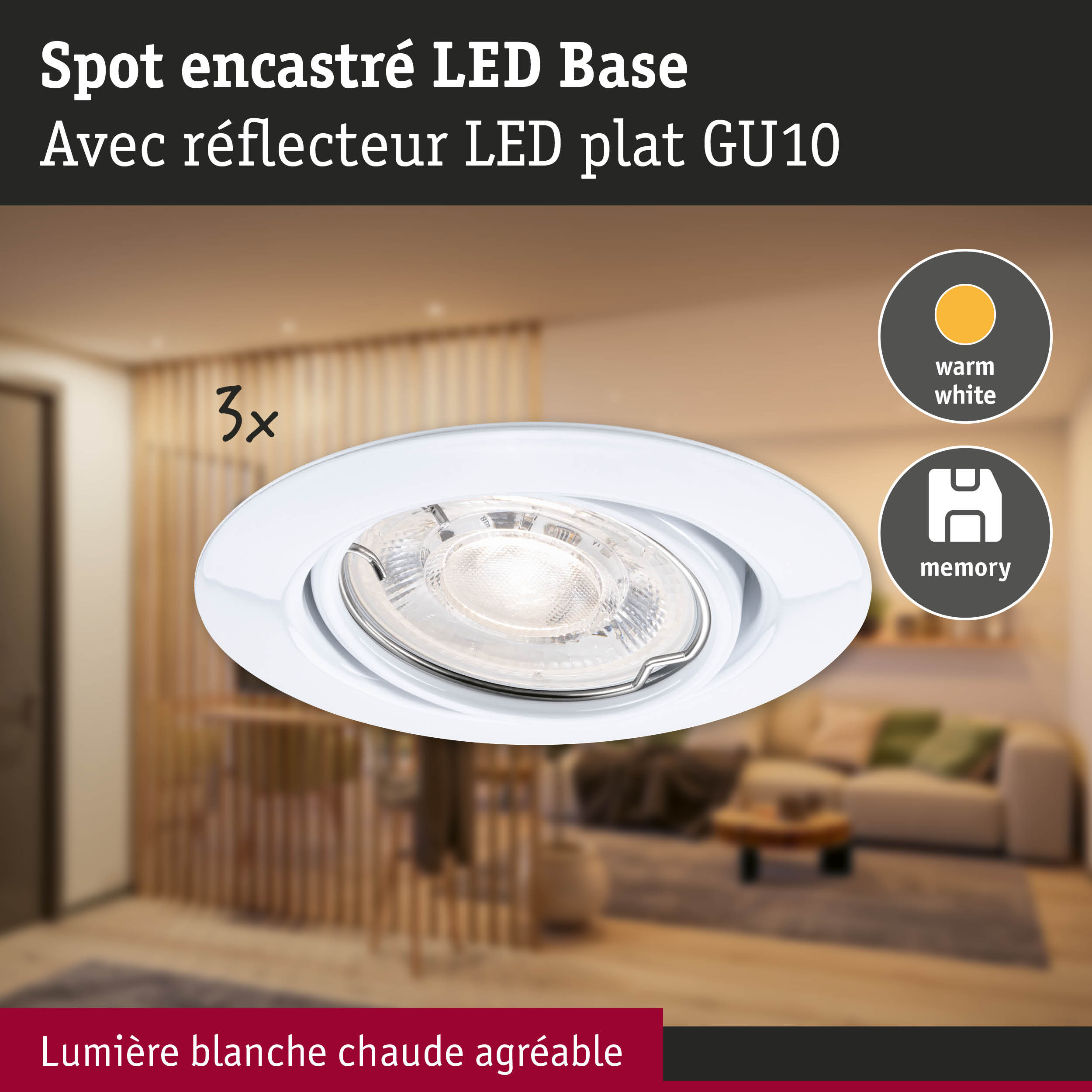 Spot LED encastré blanc avec réflecteur plat GU10 diffusant une lumière blanche chaude agréable