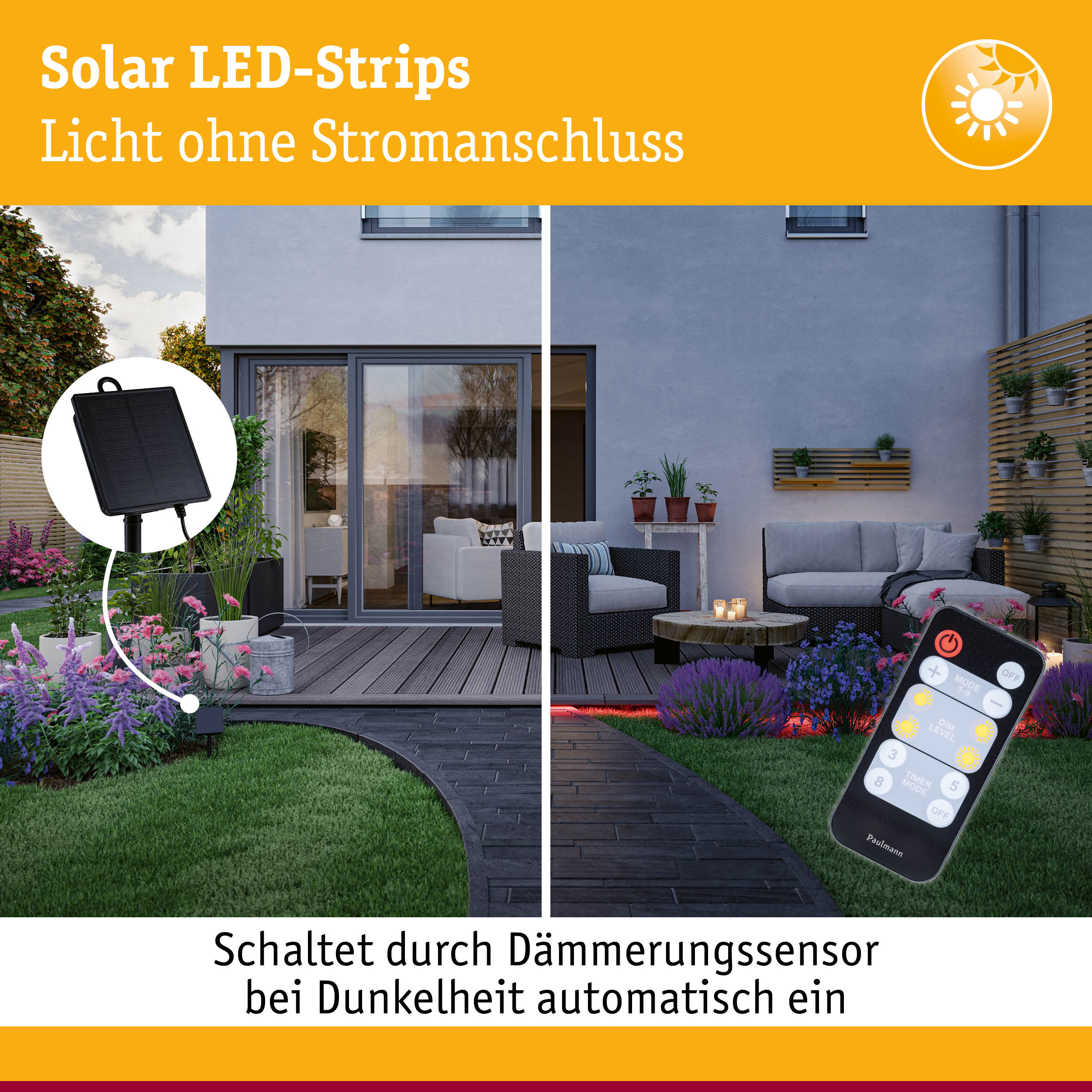 Solar LED-Strips mit schwarzem Solarpanel und Fernbedienung für Gartenbeleuchtung ohne Stromanschluss