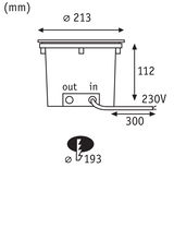 Technische Zeichnung eines runden Einbauleuchtgehäuses mit 213 mm Durchmesser und 230V Anschluss.